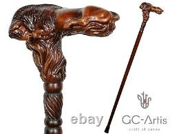 Wooden Walking cane stick Bison Bull Hand Carved Wood Crafted Ergonomic Handle R