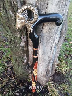 Wooden cane ram Carved handle and staff Wood walking stick Hand carved Hiking
