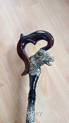 Wooden cane wolf Carved handle and staff Wood walking stick Hand carved