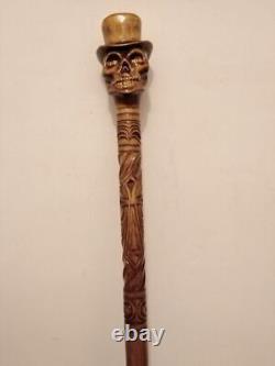 Wooden walking Stick with skull Designer Hand Carved Handle cane Hiking Stick