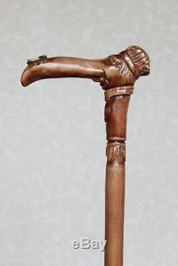 Wooden walking stick cane Handmade Hand carved Man with fly on his nose Hiking