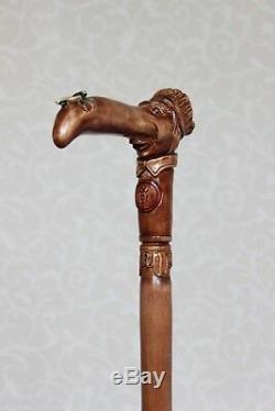 Wooden walking stick cane Handmade Hand carved Man with fly on his nose Hiking