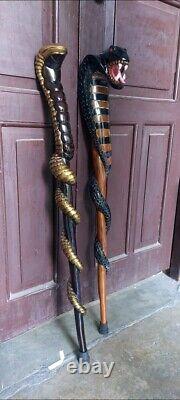 Wooden walking stick hand carved 2 set cobra snake handmade walking cane animal