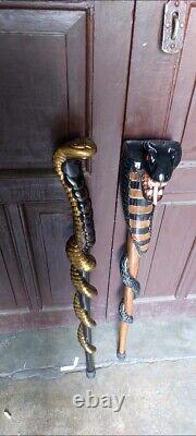 Wooden walking stick hand carved 2 set cobra snake handmade walking cane animal