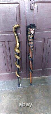 Wooden walking stick hand carved 2 set cobra snake handmade walking cane animal