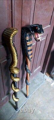 Wooden walking stick hand carved 2 set cobra snake handmade walking cane animal