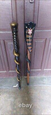 Wooden walking stick hand carved 2 set cobra snake handmade walking cane animal