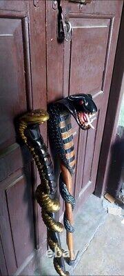 Wooden walking stick hand carved 2 set cobra snake handmade walking cane animal