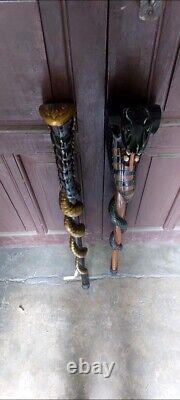 Wooden walking stick hand carved 2 set cobra snake handmade walking cane animal