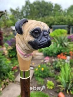 Wooden walking stick hand carved Dog wooden walking cane
