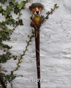 Wooden walking stick hand carved Dog wooden walking cane