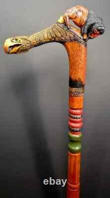 Wooden walking stick hand carved animals handmade wooden walking cane