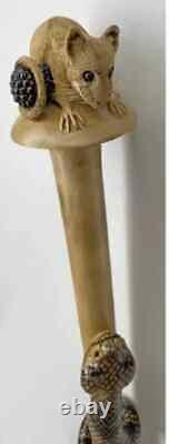 Wooden walking stick hand carved cobra Snake &Rat handmade wooden walking cane