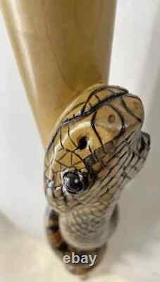 Wooden walking stick hand carved cobra Snake &Rat handmade wooden walking cane