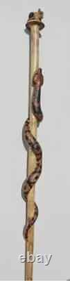 Wooden walking stick hand carved cobra Snake &Rat handmade wooden walking cane