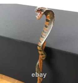 Wooden walking stick hand carved cobra snake handmade walking cane animal