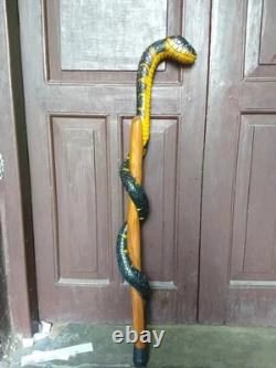 Wooden walking stick hand carved cobra snake handmade walking cane animal