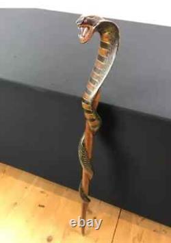 Wooden walking stick hand carved cobra snake handmade walking cane animal