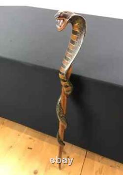 Wooden walking stick hand carved cobra snake handmade walking cane animal