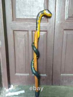 Wooden walking stick hand carved cobra snake handmade walking cane animal