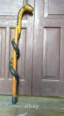 Wooden walking stick hand carved cobra snake handmade walking cane animal