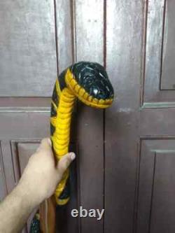 Wooden walking stick hand carved cobra snake handmade walking cane animal