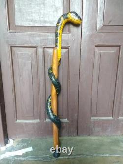 Wooden walking stick hand carved cobra snake handmade walking cane animal