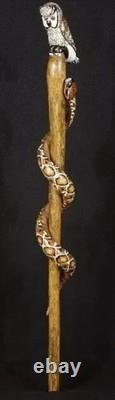 Wooden walking stick hand carved cobra snake & owl handmade wooden walking cane