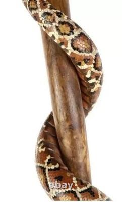 Wooden walking stick hand carved cobra snake & owl handmade wooden walking cane