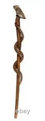 Wooden walking stick hand carved cobra snake & owl handmade wooden walking cane