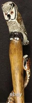 Wooden walking stick hand carved cobra snake & owl handmade wooden walking cane