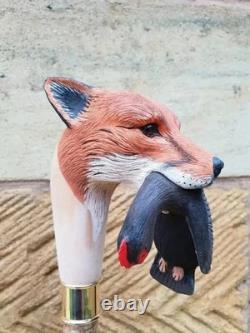 Wooden walking stick hand carved fox & bird handmade wooden walking cane
