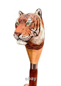 Wooden walking stick realistic tiger head wood, wildlife hand carved cane